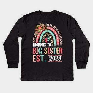 Promoted To Big Sister Est 2023 Leopard Rainbow Mother's Day Kids Long Sleeve T-Shirt